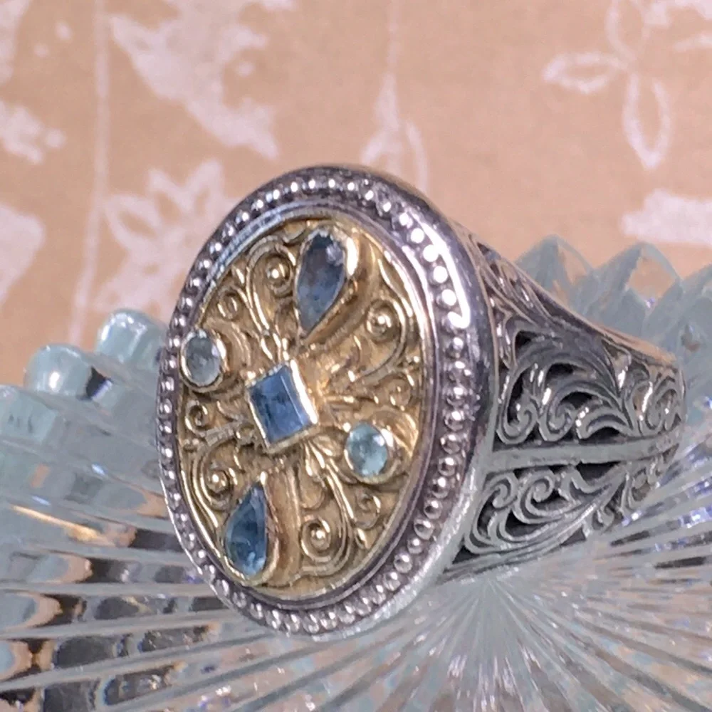 Konstantino Gold and Light Blue Gemstone Oval Filigree Ring - Picture 3 of 10
